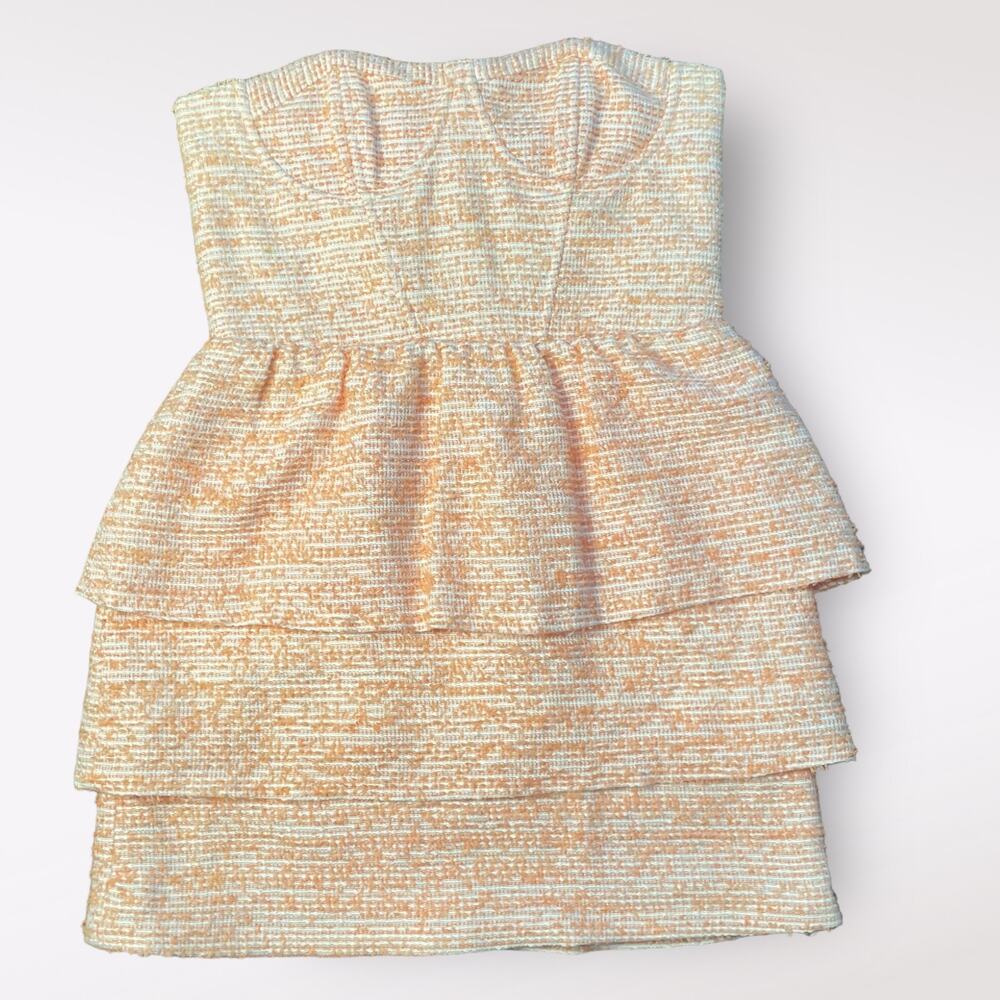 Alice + Olivia Orange Strapless Shellyanne Tiered Tweed Dress Size 8